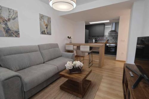 エスカリリャにあるMimosa 4 con terraza - tucasaenlospirineosのソファとテーブルのあるリビングルーム