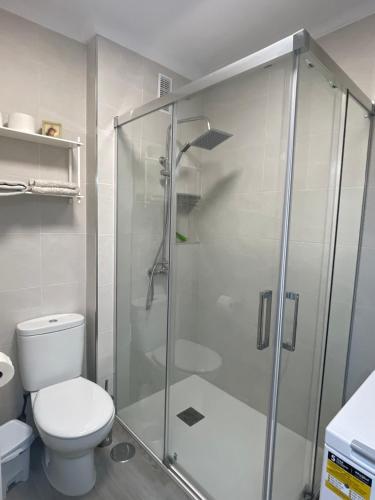 ein Badezimmer mit Toilette und Glasdusche in der Unterkunft Apartamento Bruselas in Torrox Costa