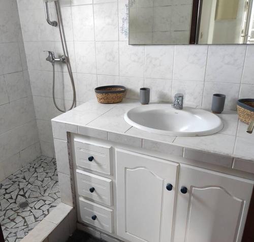 a white bathroom with a sink and a shower at Maison Cécilia vue sur les saintes in Trois-Rivières