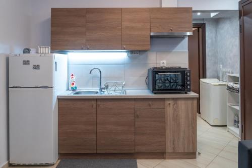 une petite cuisine avec un réfrigérateur et un évier dans l'établissement Crystal Apartment with free private parking of stayinthess, à Thessalonique