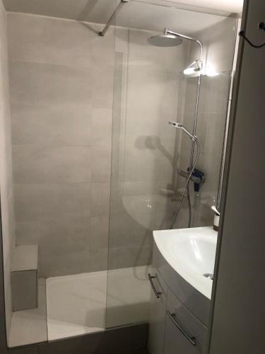 een badkamer met een glazen douche en een wastafel bij Appartement T2 Duplex in La Ciotat