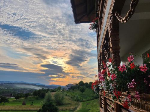 a view from the balcony of a house with flowers at Pensiunea Hanul Morosenilor in Onceşti
