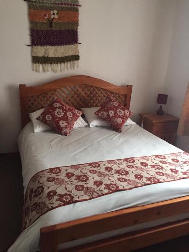 ein Schlafzimmer mit einem Bett mit roten Kissen darauf in der Unterkunft HOTEL MAUCHO PUCON in Pucón