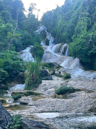 a stream of water flowing down a mountain with trees at Dao Homestay in Hoàng Su Phì