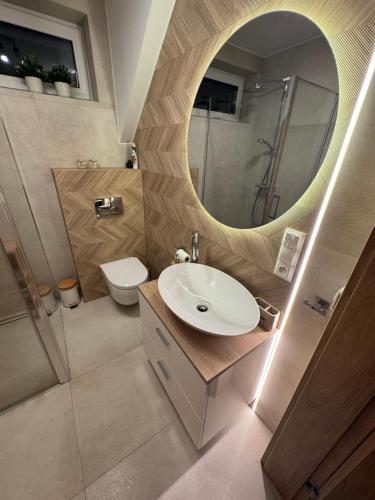 a bathroom with a sink and a mirror at OWCZA GÓRKA Apartamenty in Istebna