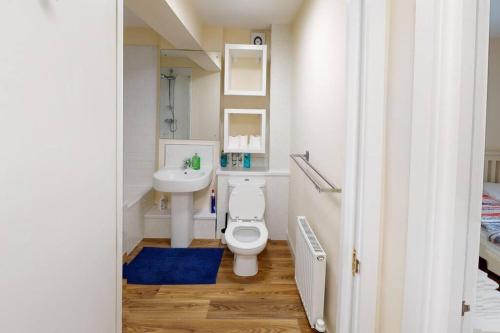 een kleine badkamer met een toilet en een wastafel bij Lovely two bed flat with free parking (4 117) in Nottingham