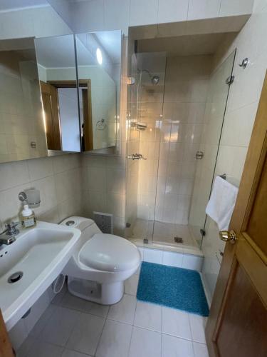 een badkamer met een toilet, een wastafel en een douche bij Loft blue zona T in Bogota