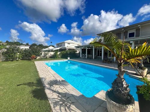 ein Swimmingpool mit einer Palme vor einem Haus in der Unterkunft Superbe Villa Bwa Lélé in Rivière-Salée