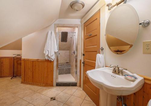 a bathroom with a sink and a shower at Burnt Toast Inn in Ann Arbor