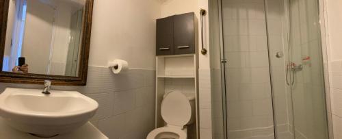 a bathroom with a sink and a toilet and a shower at Hostal Argentina Osorno in Osorno