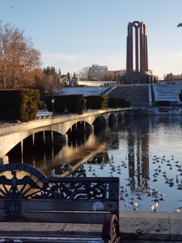 eine Brücke über einen Fluss mit Vögeln im Wasser in der Unterkunft Centrul vechi București Biblioteca Națională in Bukarest