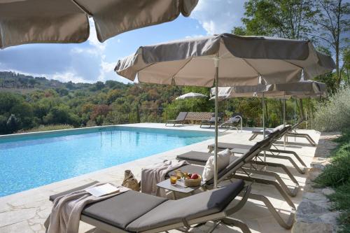 un grupo de sillas y sombrillas junto a una piscina en Spereto Pendolino, pool, nature and view, en Montaione