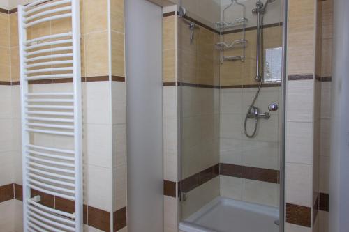 baño con ducha y puerta de cristal en Samostatný dom s bazénom v Rajeckej doline 