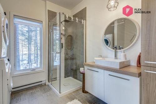 ein Bad mit einer Dusche, einem Waschbecken und einem Spiegel in der Unterkunft Casa Ibéricos in Portneuf / SPA Pool Sauna Trails in Pont-Rouge
