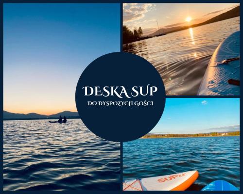 a collage of photos of the water and a boat at Villa Beskidzka 100 - SAUNA & BALIA z Jacuzzi Widok na góry i jezioro żywieckie in Zarzecze