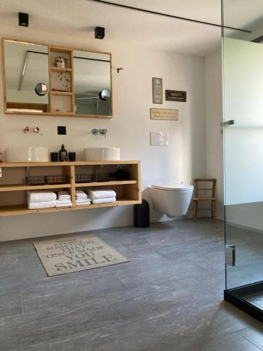 La salle de bains est pourvue d'un lavabo, de toilettes et d'un miroir. dans l'établissement paclera79, à Santa Maria Val Müstair