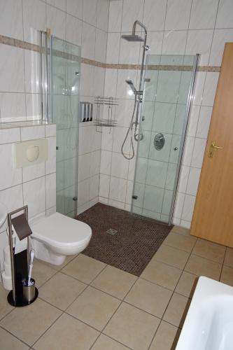 a bathroom with a toilet and a glass shower at Ferien im Sauerland ( barrierefreie Wohnung ) in Plettenberg