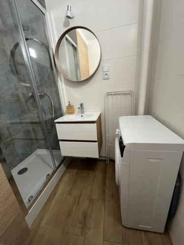 a bathroom with a shower and a sink and a mirror at Apartament Rubinowy in Toruń