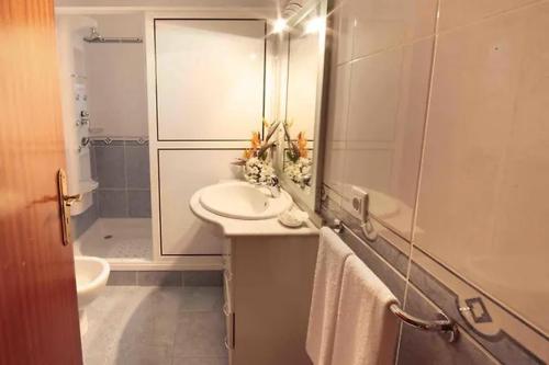 a bathroom with a sink and a mirror and a shower at Pico Alto in Salão