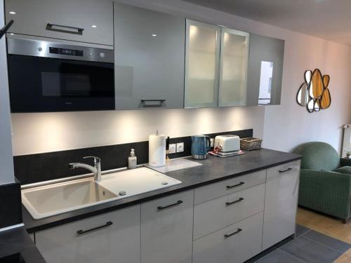 une cuisine avec un évier et un micro-ondes dans l'établissement Appartement Neuf de 40 M2 à Issy-Les-Mx / Paris 15, à Issy-les-Moulineaux
