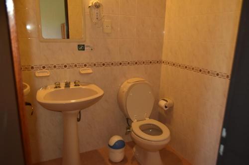 La petite salle de bains est pourvue de toilettes et d'un lavabo. dans l'établissement Hostal Madryn, à Puerto Madryn
