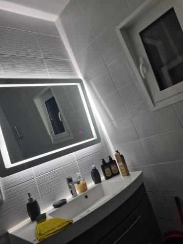 une salle de bain avec un lavabo et un miroir dans l'établissement Magnifique appartement La Défense 10min Pte Maillot, à Courbevoie