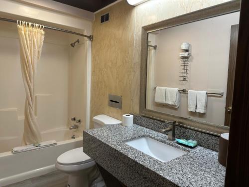 een badkamer met een wastafel, een toilet en een bad bij Mountain Inn in Iron Mountain