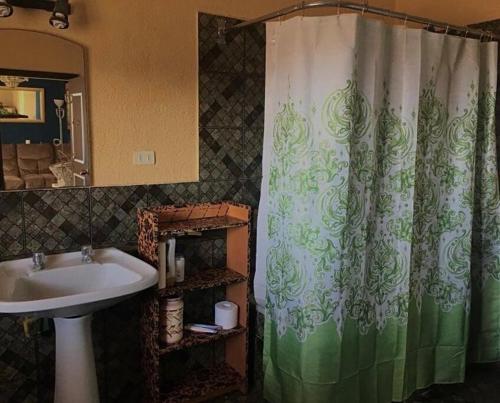 baño con lavabo y cortina de ducha en AMPLIA CASA CON VISTA HERMOSA A TODA LA BAHIA en Viña del Mar