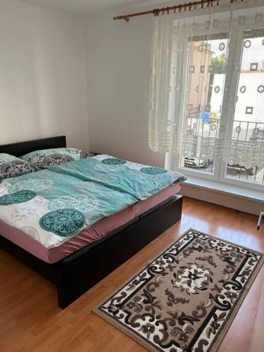 a bedroom with a bed and a rug and a window at Apartmán v centre mesta in Liptovský Mikuláš