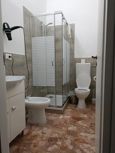 a bathroom with a shower and a toilet and a sink at Domus Cesena in Cesena