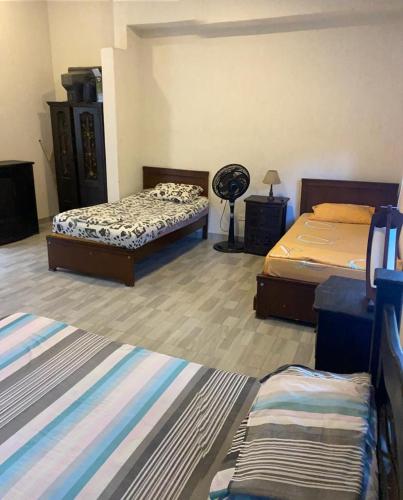 a bedroom with two beds and a fan in it at Finca El Balmoral in Tocaima