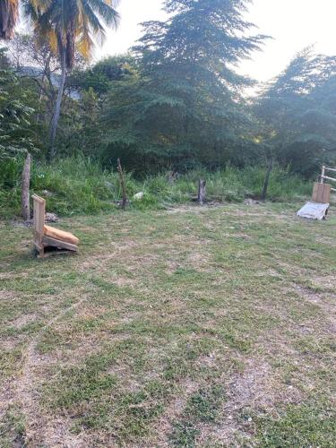 a park with a bench sitting in the grass at Finca El Balmoral in Tocaima