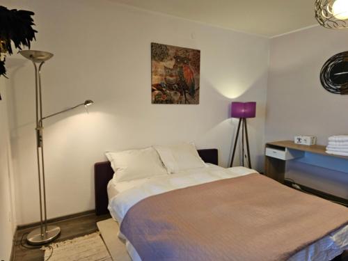 a bedroom with a bed and a painting on the wall at Stone Bridge Studio in Iaşi