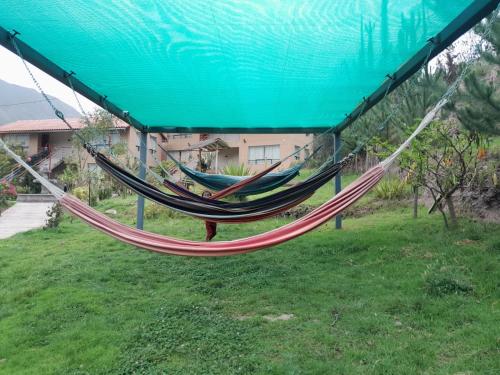 een paar hangmatten in een tuin bij Veronica lookout Hotel in Urubamba