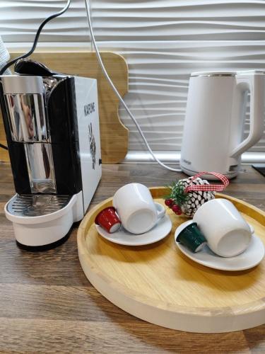 a tray with two plates and a blender on a table at Apartman Modiano in Vrnjačka Banja