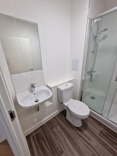 y baño con aseo, lavabo y ducha. en Brixton Village Flat- Private En-suite double bedroom, en Londres