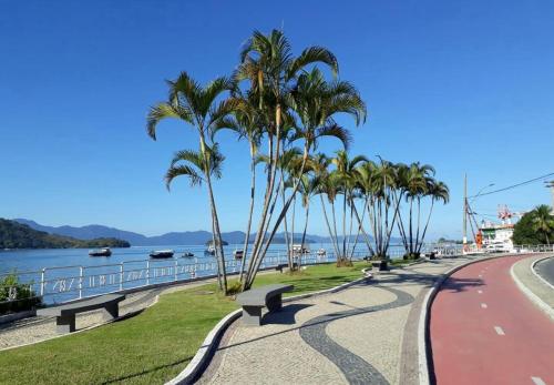 une rue avec des palmiers et un chemin au bord de l'eau dans l'établissement Suíte Félix Praia do Anil Angra dos Reis, à Angra dos Reis