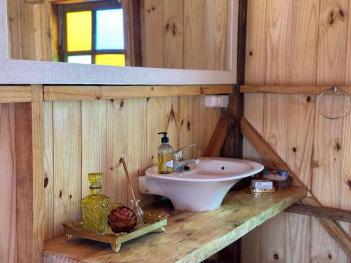 a bathroom with a sink and a mirror at BRASILEIRÍSSIMO POUSADA in Punta Del Diablo