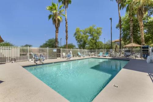 a swimming pool with chairs and palm trees at Comfort Inn Chandler - Phoenix South I-10 in Chandler