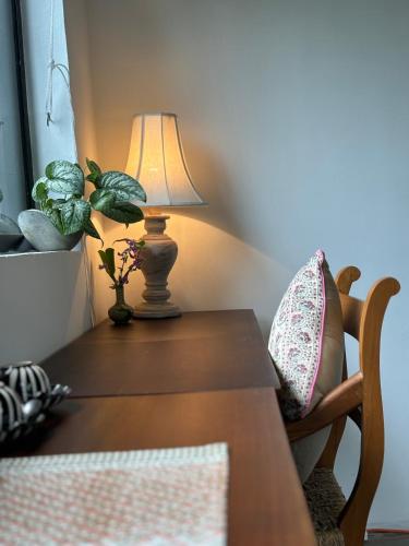 a table with a lamp and a chair with a plant at Rai Villa Colombo in Colombo
