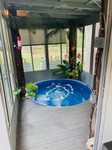 a room with a large blue tub in a house at Bastrop Tiny Disc Golf Retreat in Bastrop