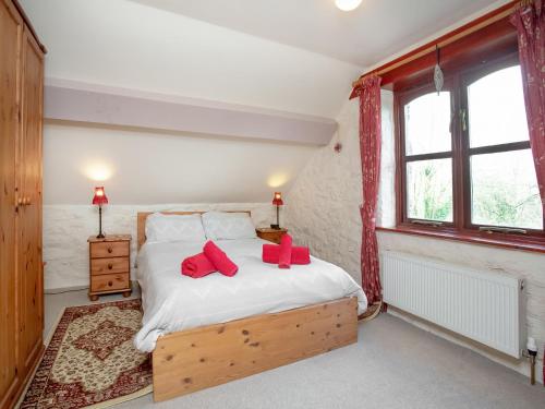 sypialnia z łóżkiem z czerwonymi poduszkami w obiekcie Bulls Cottage w mieście Bodmin