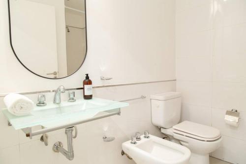 a bathroom with a sink and a toilet and a mirror at Magnolio Homely Apartment in Buenos Aires