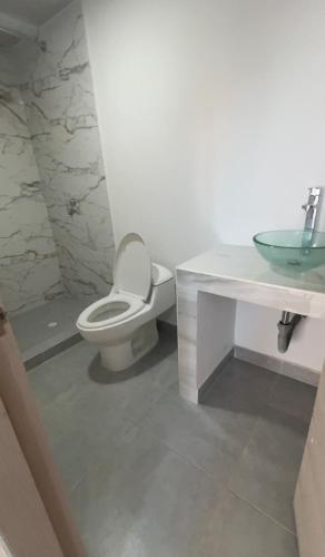 La salle de bains est pourvue de toilettes et d'un lavabo. dans l'établissement Cabaña Villa Vale, à Puerto Colombia