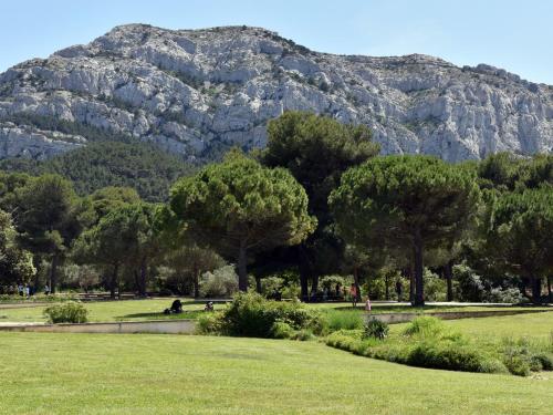 a mountain in the background of a park with trees at Pointe Rouge in Marseille