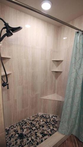 a shower with a shower curtain in a bathroom at Cozy Aggieland Vacay in Bryan