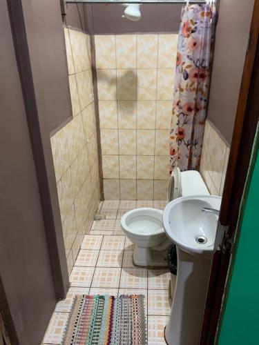 a small bathroom with a toilet and a sink at Corcovado The Monkey Trail in Drake