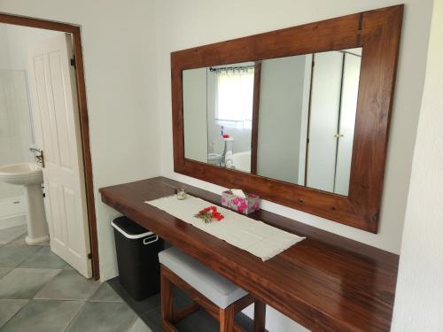 bagno con lavabo e mobile con lavabo e specchio. di Fairy-Tern Chalets Cerf Island a Isola di Cerf