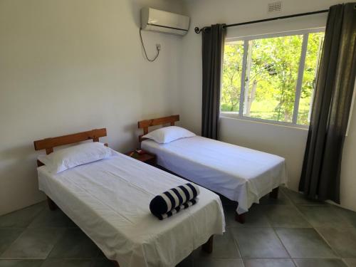 dwa łóżka w pokoju z oknem w obiekcie Fairy-Tern Chalets Cerf Island w mieście Cerf Island
