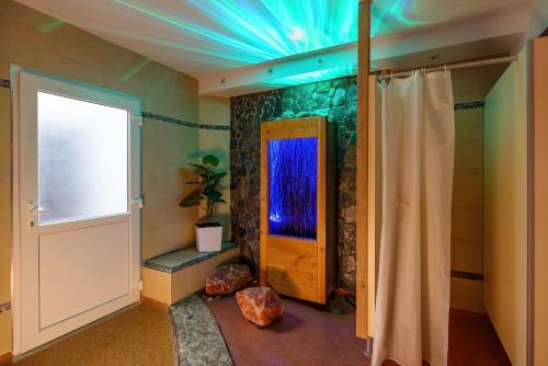 een kamer met een douche en een blauw plafond bij Dom Potok in Karpacz